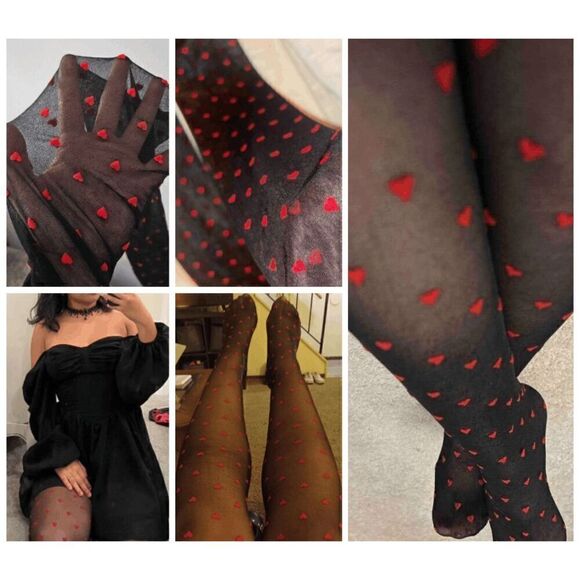 ❤ Love Heart Print Black Sheer Nylon Pantyhose Stocking Tights SIZE XS-M NEW - Picture 7 of 12